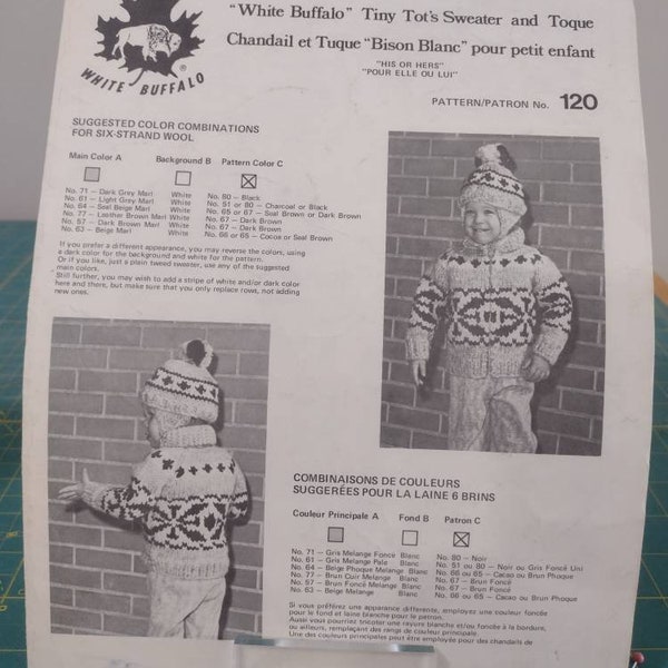 White Buffalo Canadian Tiny Tot's Sweater and Toque pattern no, 120 Vintage 90s  Cowichan style