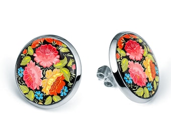 Polish Folk Floral Stud Earrings Slavic Bouquet Jewelry Gift for Her