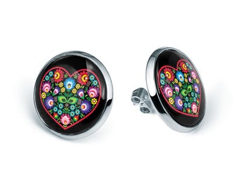 Stick earrings HEART FOLK gift for woman gift earrings polish folk art poland earring with floral design gift for mother, stud earrings