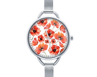 Watch with graphic POPPIES Polish folk art, Gift for women, Gift for her, Unique Women watches, ethnic jewelry