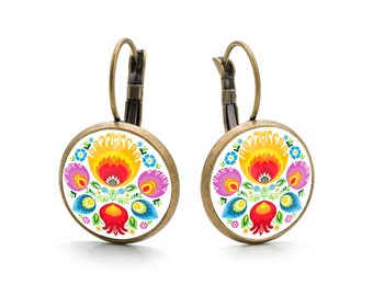 Earrings LOWICZ gif for woman gift earrings polish folk art poland earring with floral design gift for mother, dangle earrings