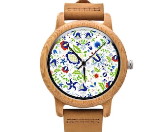 Wooden watch with graphic KASHUBIAN FLOWERS Polish folk art, Gift for him, Gift for her, Unique watches, ethnic jewelry, unisex watch