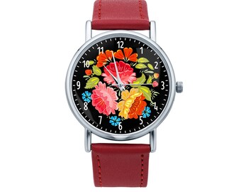 Watch with graphic FOLK BOUQUET Polish folk art, Gift for women, Gift for her, Unique Women watches, ethnic jewelry