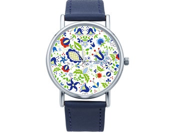 Watch with graphic KASHUBIAN FLOWERS Polish folk art, Gift for women, Gift for her, Unique Women watches, ethnic jewelry