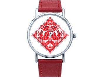 Watch with graphic KURPISH ROOSTERS Polish folk art, Gift for women, Gift for her, Unique Women watches, ethnic jewelry