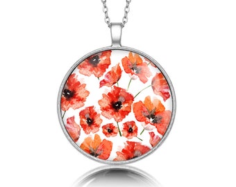 Medallion round POPPIES gift for woman gift Necklace polish folk art poland Necklace with floral design gift for mother, ethnic jewelry