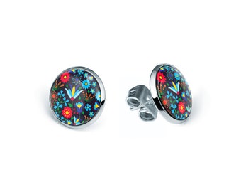 Boucles d’oreilles mini bâton CACHOUBE noir cadeau pour boucles d’oreilles femme polonais folk art Pologne boucle d’oreille cadeau design floral pour la mère, stud