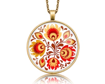 Medallion round AUTUMN FOLK gift for woman gift Necklace polish folk art poland Necklace with floral design gift for mother, ethnic jewelry