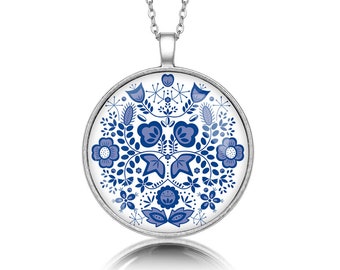 Medallion round MODRY gift for woman gift Necklace polish folk art poland Necklace with floral design gift for mother, ethnic jewelry