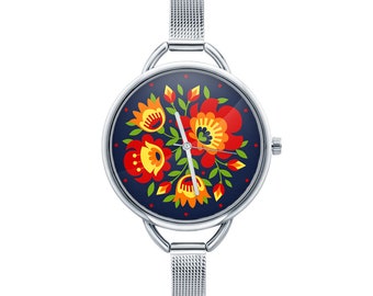 Watch with graphic FLOWERS Polish folk art, Gift for women, Gift for her, Unique Women watches, ethnic jewelry