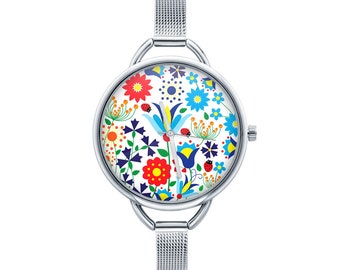 Watch with graphic KASHUBIAN Polish folk art, Gift for women, Gift for her, Unique Women watches, ethnic jewelry