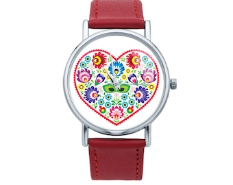 Watch with graphic FOLK HEART Polish folk art, Gift for women, Gift for her, Unique Women watches, ethnic jewelry