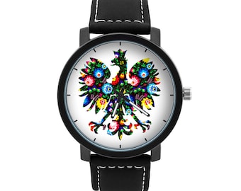 Men's watch with graphic FOLK EAGLE Polish folk art, Gift for man, Gift for him, Unique mans watches, ethnic jewelry, Gift For folk Lover