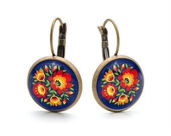 Earrings FLOWERS gift for woman gift earrings polish folk art poland earring with floral design gift for mother, Dangle Earrings