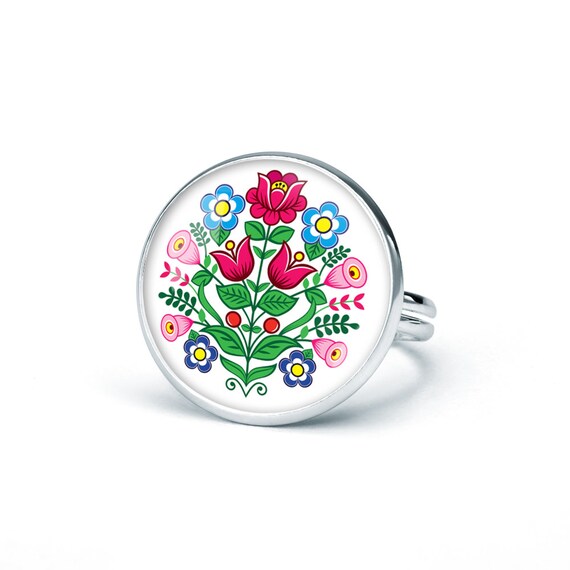 Ring ZALIPIE gift for woman gift ring polish folk art poland ring with floral design gift for mother adjustable ring, ethnic jewelry