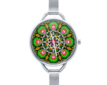 Watch with graphic CUTOUT ŁOWICKA Polish folk art, Gift for women, Gift for her, Unique Women watches, ethnic jewelry