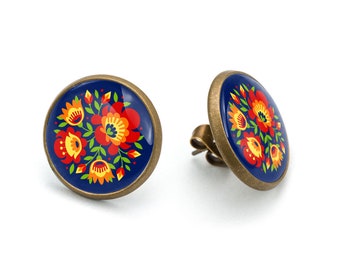 Stick earrings FLOWERS gift for woman gift earrings polish folk art poland earring with floral design gift for mother, stud earrings