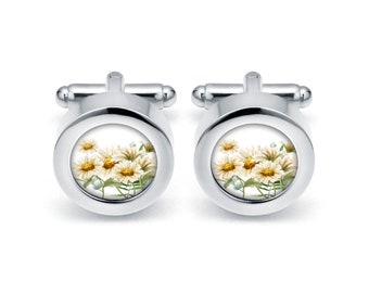 Elegant cufflinks CHAMOMILE gift for man polish folk art poland cufflinks with floral design groom wedding cufflinks