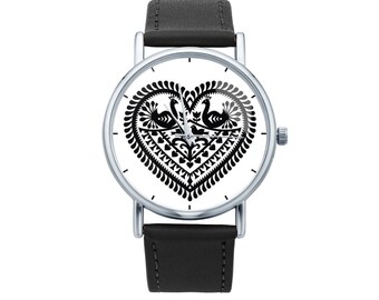 Watch with graphic LOVE KURPIE Polish folk art, Gift for women, Gift for her, Unique Women watches, ethnic jewelry