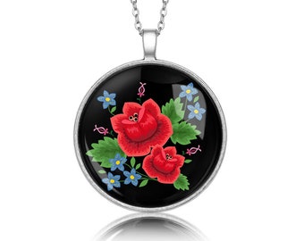 Medallion round ROSES gift for woman gift Necklace polish folk art poland Necklace with floral design gift for mother, ethnic jewelry