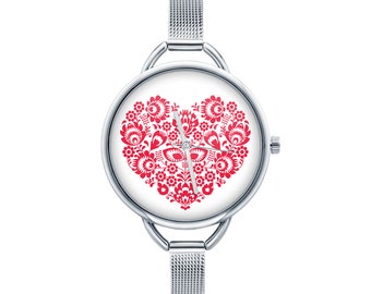 Watch with graphic LUDOWE LOVE Polish folk art, Gift for women, Gift for her, Unique Women watches, ethnic jewelry