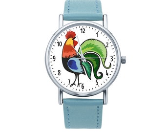 Montre avec coq polonais folk art graphique, cadeau pour les femmes, cadeau pour elle, les femmes uniques montres, bijoux ethniques