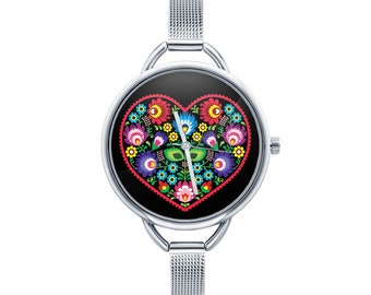Watch with graphic HEART FOLK Polish folk art, Gift for women, Gift for her, Unique Women watches, ethnic jewelry