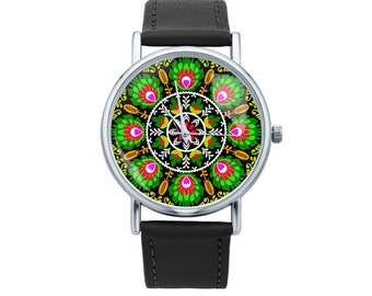 Watch with graphic CUTOUT ŁOWICKA Polish folk art, Gift for women, Gift for her, Unique Women watches, ethnic jewelry