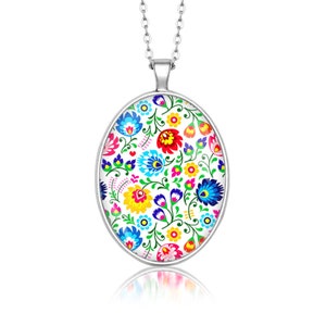 Medallion oval FOLK gift for woman gift Necklace polish folk art poland Necklace with floral design gift for mother, ethnic jewelry image 1