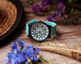 Watch with silicone strap WREATH vegan strap, for vegan, Polish folk art, Gift for her, Unique wristwatch, ethnic jewelry