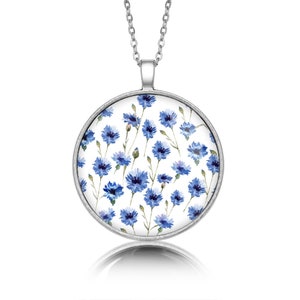 Medallion round CORNFLOWERS gift for woman gift Necklace polish folk art poland Necklace with floral design gift for mother, ethnic jewelry image 1