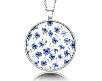 Medallion round CORNFLOWERS gift for woman gift Necklace polish folk art poland Necklace with floral design gift for mother, ethnic jewelry