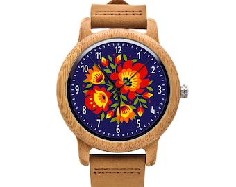 Wooden watch with graphic FLOWERS Polish folk art, Gift for him, Gift for her, Unique watches, ethnic jewelry, unisex watch