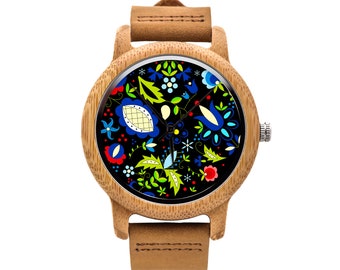 Wooden watch with graphic KASHUBIA Polish folk art, Gift for him, Gift for her, Unique watches, ethnic jewelry, unisex watch