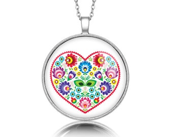 Medallion round FOLK HEART gift for woman gift Necklace polish folk art poland Necklace with floral design gift for mother, ethnic jewelry
