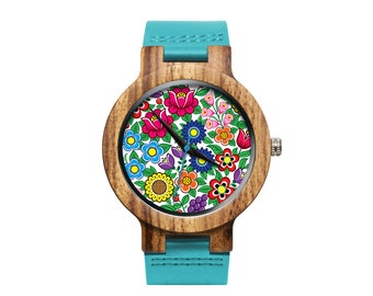 Wooden watch with graphic FLOWERS OF ZALIPIE Polish folk art, Gift for him, Gift for her, Unique watches, ethnic jewelry, unisex watch