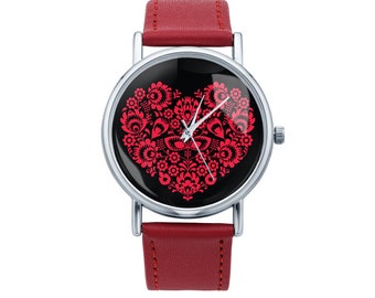 Watch with graphic LOVE LUDOWE Polish folk art, Gift for women, Gift for her, Unique Women watches, ethnic jewelry