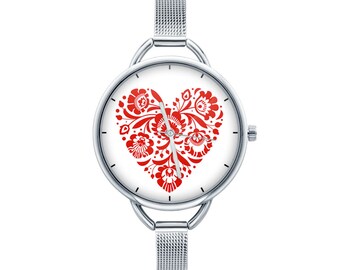 Watch with graphic FOLK LOVE Polish folk art, Gift for women, Gift for her, Unique Women watches, ethnic jewelry