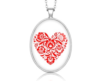 Cadeau de FOLK LOVE ovale médaillon pour femme cadeau collier polonais folk art Pologne collier avec un dessin floral cadeau pour mère, ethnique bijoux