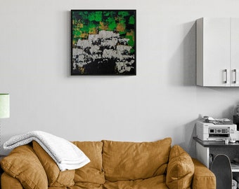 Textured Abstract Acrylic Painting: Green, Black, Gold, White (14"x14")