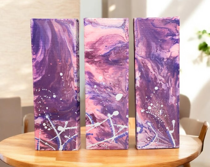 Abstract Triptych Canvas Art: Purple, Pink & Blue Fluid Acrylic