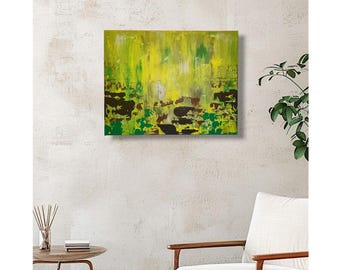 Abstract Textured Acrylic Painting: Green, Yellow, Brown (11"x14" Canvas)