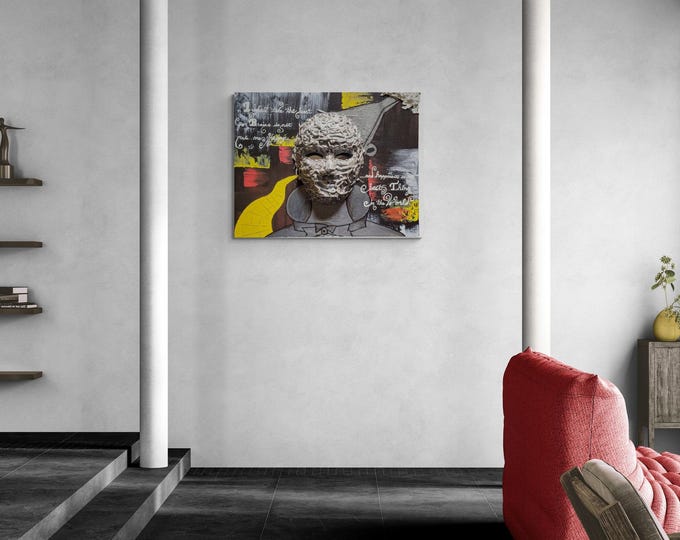 Intriguing Tin Man- 16"×20"×0.5" 3D Original Abstract Canvas Painting Caulk and Acrylics on canvas Mirrored Eyes Wall Art Hanging Decor