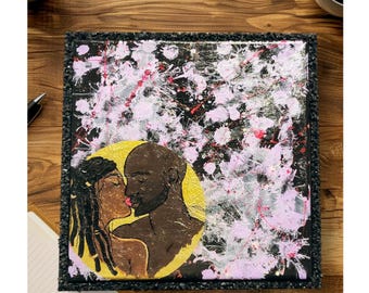 Original Textured Acrylic Painting: Her & Him Kiss, Embellished Frame