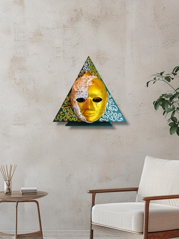 Through Your Eyes- Triangle 3D mask art with crushed glass. Functional art, small shelf 14" (all sides) Caulk art