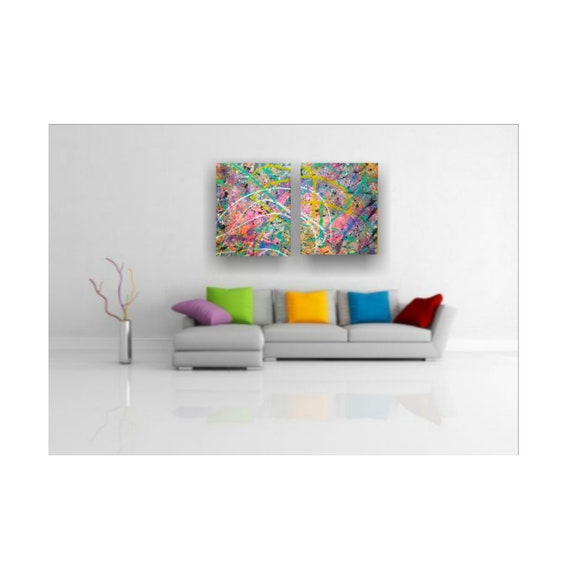 Planet of the Colors- 32"× 40" Diptych, Abstract Splatter on canvas, 2pc Bright Vivid Colorful Set