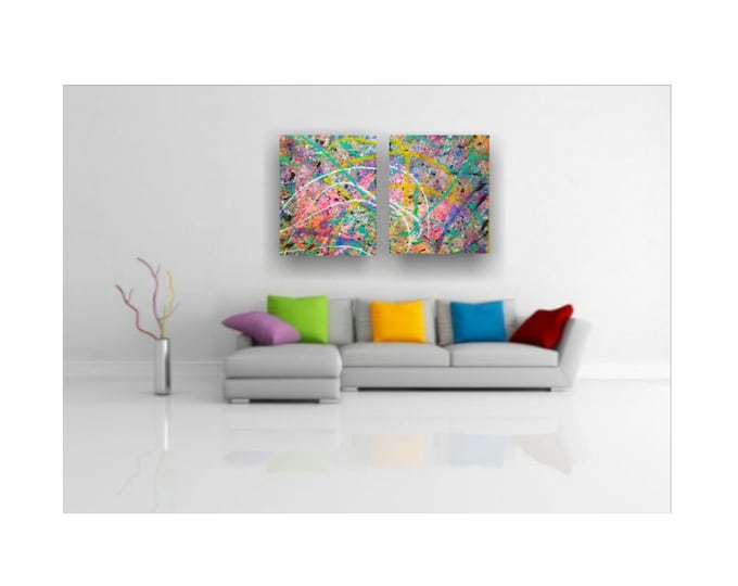 Planet of the Colors- 32"× 40" Diptych, Abstract Splatter on canvas, 2pc Bright Vivid Colorful Set