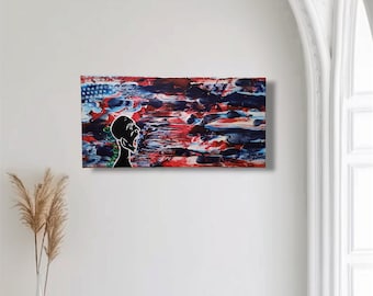 Textured Abstract Acrylic Painting: Red, Blue, and White Art (10"x20")