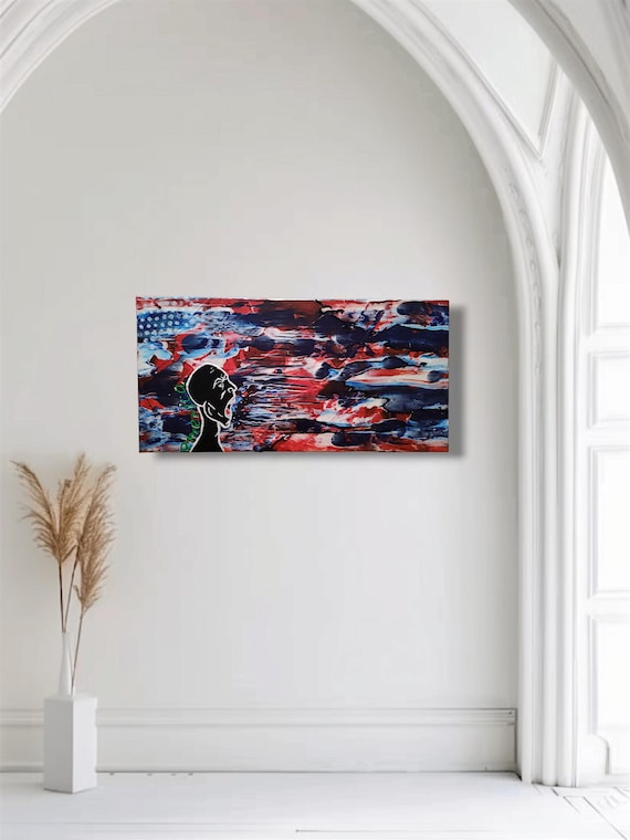 10"×20"×0.5" America- Textured Abstract Acrylic Painting On Stretched Canvas Ready to Hang Art Decor Red, Blue and White Artwork Abstracts