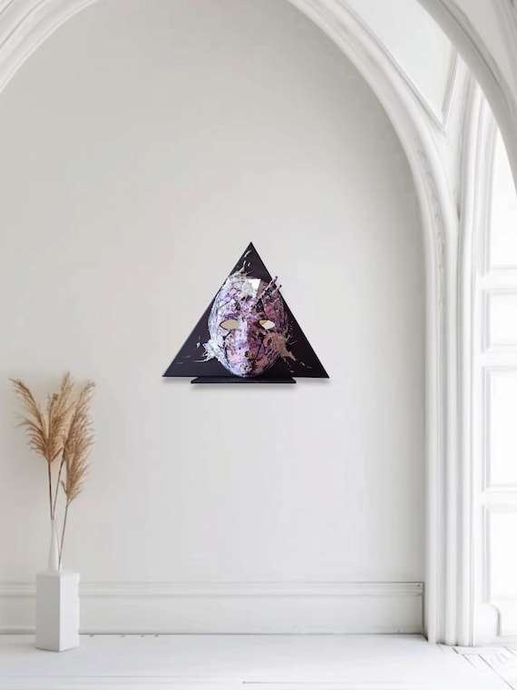 Through Your Eyes Closer- Triangle 3D mask art with crushed glass. Functional art, small shelf 14" (all sides) Caulk art Mirror Art